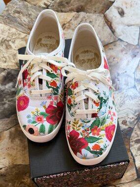 Keds Floral Canvas Sneakers in White with Pink, Red & Green Accents